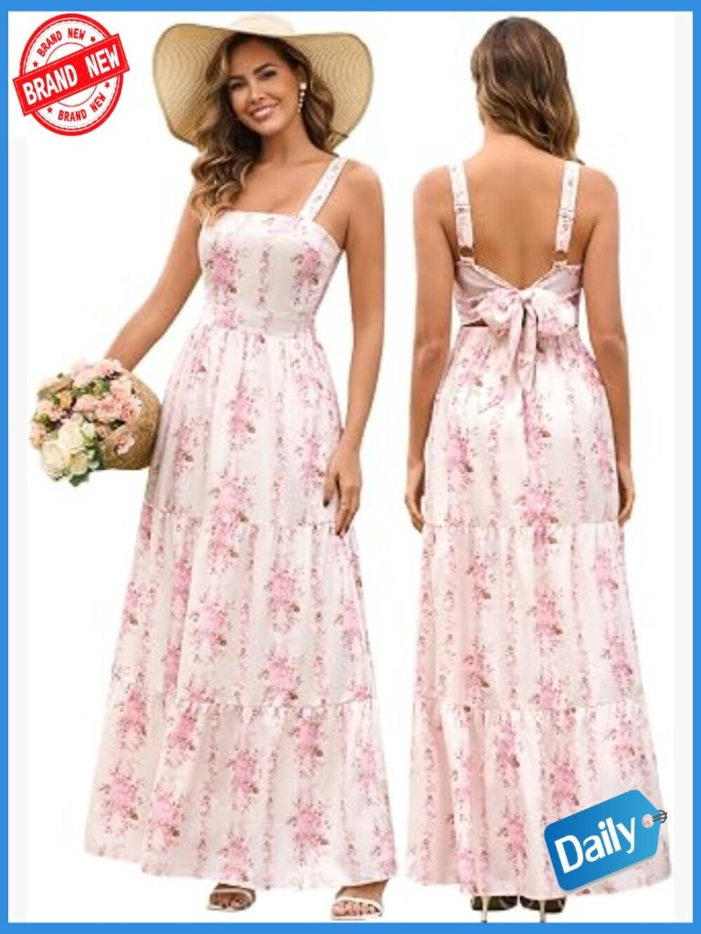Floral Square Neck Maxi Sundress Back Bow Tie Flowy Boho Beach Vacation Long